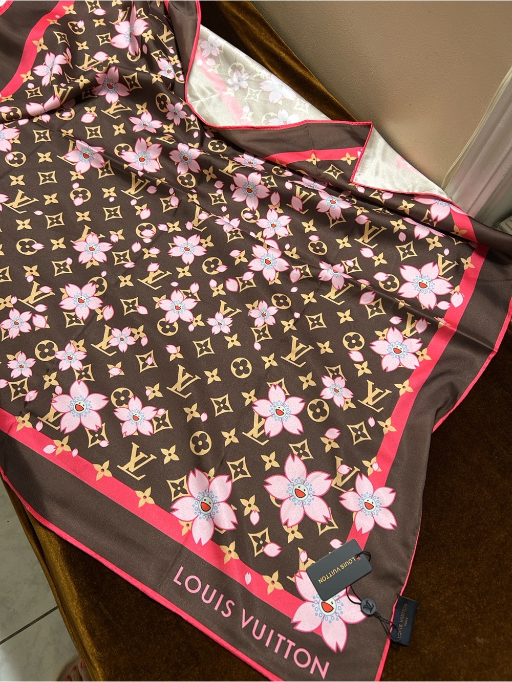 Louis Vuitton Brown & Pink Monogram Floral Silk Scarf